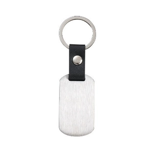 Minimalist stainless steel tag keychain with black leather strap and polished ring