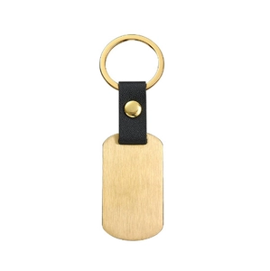Custom stainless steel leather keychain with golden brushed metal tag and black strap