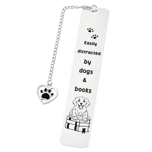 Cute stainless steel cat and dog bookmark with heart charm pendant for pet lovers