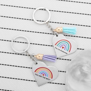 Rainbow heart keychain set with You Are Awesome engraving and colorful leather tassels