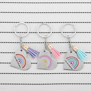 Stainless Steel Rainbow Heart Keychain With Faux Leather Tassel Motivational Letter You Are The Best Keyring Women Gift