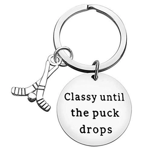Stainless steel hockey keychain with Classy until the puck drops quote and stick charms