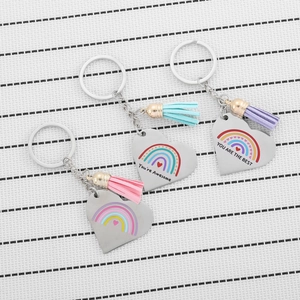 Rainbow heart stainless steel keychains with colorful leather tassels and uplifting slogans
