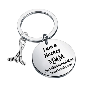 Polished stainless steel hockey keychain with ice hockey stick charm and round engraved tag