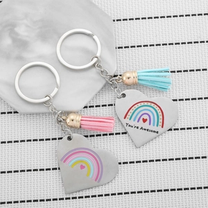 Rainbow heart stainless steel keychains with blue and pink leather tassels gift set
