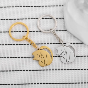 Minimalist Stainless Steel Cat Keychain For Women Gold Silver Metal Hollow Line Sleeping Cat Pendant Key Ring Jewelry Gift