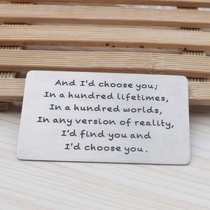Brushed stainless steel wallet insert card with engraved romantic poem for anniversary gift