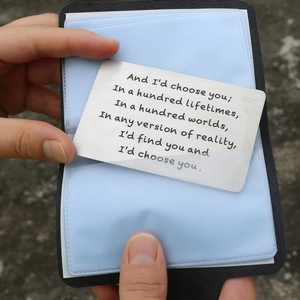 Brushed stainless steel wallet insert card with engraved quote for sentimental gifts