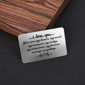 Polished stainless steel wallet insert card with I Love You More engraved romantic quote