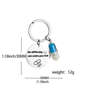 Inspirational pill keychain with No difficulty can make you fail metal tag and blue capsule