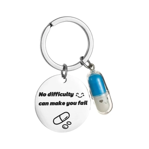 Inspirational Stainless Steel Keychain With Cute Pill Capsule Charm No Difficulty Can Make You Fail Motivational Quote Key Ring For Bag Pendant Friends Gift