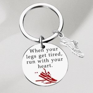 Soccer stainless steel keychain with inspirational quote and mini sneaker charm