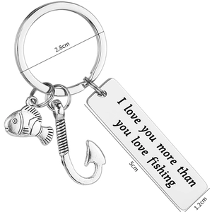 Porte-clés en acier inoxydable pour pêcheur avec pendentif poisson et gravure texte