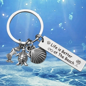 Marine theme stainless steel keychain with mermaid, turtle, shell and beach quote charm