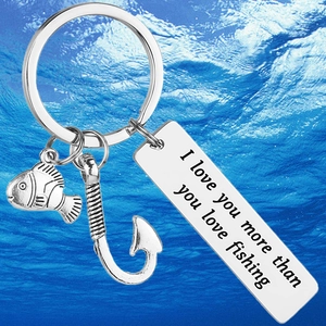 Porte-clés en acier inoxydable avec gravure de pêche et breloque en forme d'hameçon