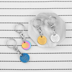 Porte-clés jeton de caddie en acier inox avec symbole Psi en quatre coloris métal
