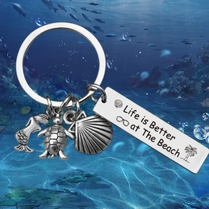 Marine stainless steel keychain with mermaid tail and Life is Better at The Beach tag
