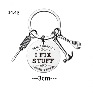 Polished stainless steel handyman keychain with hammer wrench charms and bottle opener