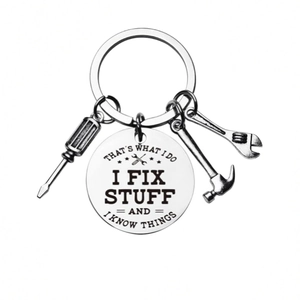 I Fix Stuff keychain with hammer wrench screwdriver charms and engraved round plate