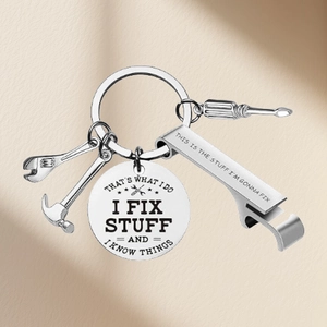 Stainless steel tool keychain with hammer, wrench, screwdriver and I Fix Stuff pendant