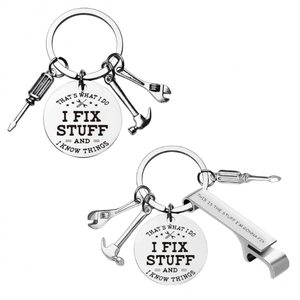 Stainless Steel Tool Keychain Set Hammer Wrench Screwdriver Bottle Opener I Fix Stuff Lettering Key Ring For Father's Day Gift