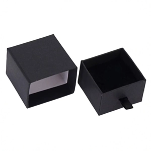 Elegant black cardboard drawer jewelry gift box with a silk ribbon puller and velvet pad