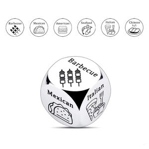 Food decision dice in polished stainless steel for dating couples with six cuisine choices