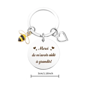 French teacher gift keychain with bee charm and Merci de m'avoir aidé à grandir engraving