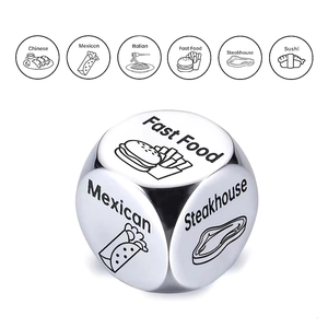 Polished stainless steel food decision dice for couples featuring six meal options