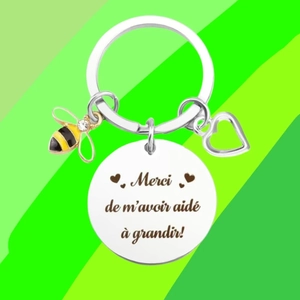 Stainless steel bee keychain with Merci de m'avoir aidé à grandir engraving