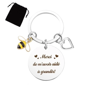 Silver bee keychain with French engraved charm and heart pendant in velvet gift bag