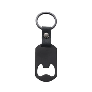 Matte black stainless steel bottle opener keychain with leather strap for custom engraving