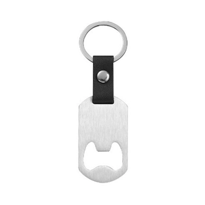 Polished silver stainless steel bottle opener keychain with black leather strap on white background