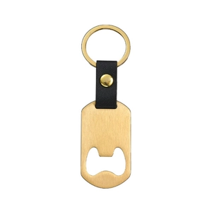 Golden brushed stainless steel keychain bottle opener with black leather strap detail