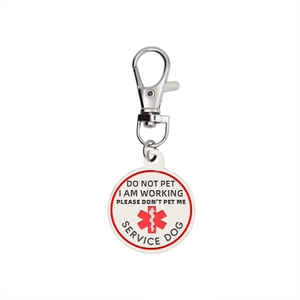 Stainless steel service dog keychain with red Star of Life and Do Not Pet warning signs