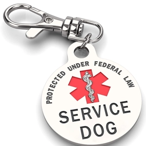 Polished stainless steel Service Dog ID tag with red medical Star of Life logo