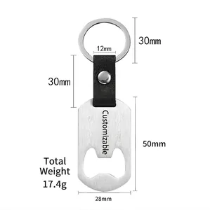 Stainless steel bottle opener keychain with black leather strap and round key ring