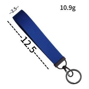 Dark blue ribbon keychain with black matte metal ring and dimensions 12.5x2.5cm