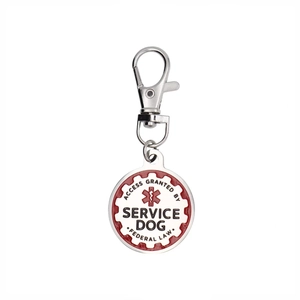 Stainless steel service dog medical ID tag with caduceus and lobster clasp hanging