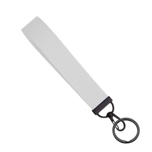 White fabric lanyard keychain with black matte metal ring and lobster clasp on white background