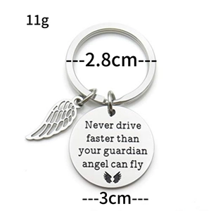 Never Drive Faster stainless steel guardian angel wing keychain with engraved quote pendant