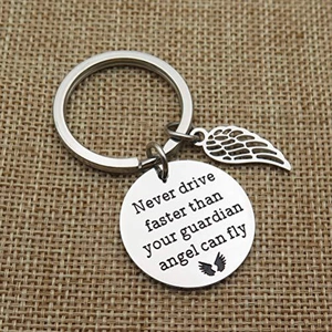 Silver stainless steel keychain with angel wing and guardian angel engraved pendant