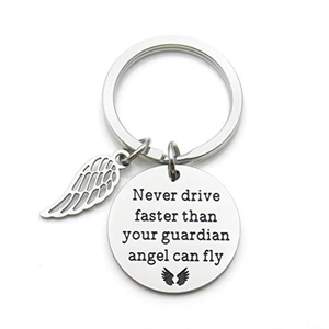 Stainless Steel Guardian Angel Wing Keychain Inspirational Engraved Never Drive Faster Quote Pendant Safe Driving Gift