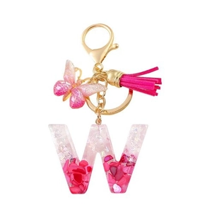 Pink resin letter W keychain with glitter butterfly and tassel pendant for women handbags
