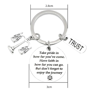 Lawyer graduation gift keychain with scales of justice and enjoy the journey pendant