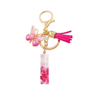 Magenta resin letter keychain with gradient butterfly and pink tassel charm for bags