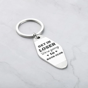 Polished stainless steel keychain with Get In Loser We're Going To Book Club engraving