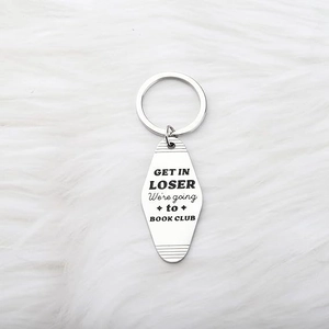 Silver stainless steel motel keychain with Get In Loser We're Going To Book Club text