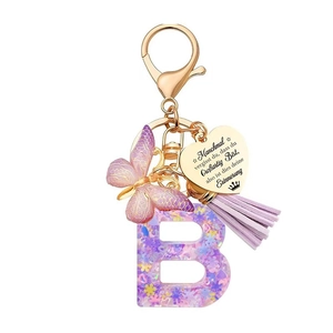 Porte-clés lettre B violette avec papillon, pompon et breloque coeur gravé doré