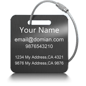 Brushed black stainless steel luggage tag with steel cable loop and identification info